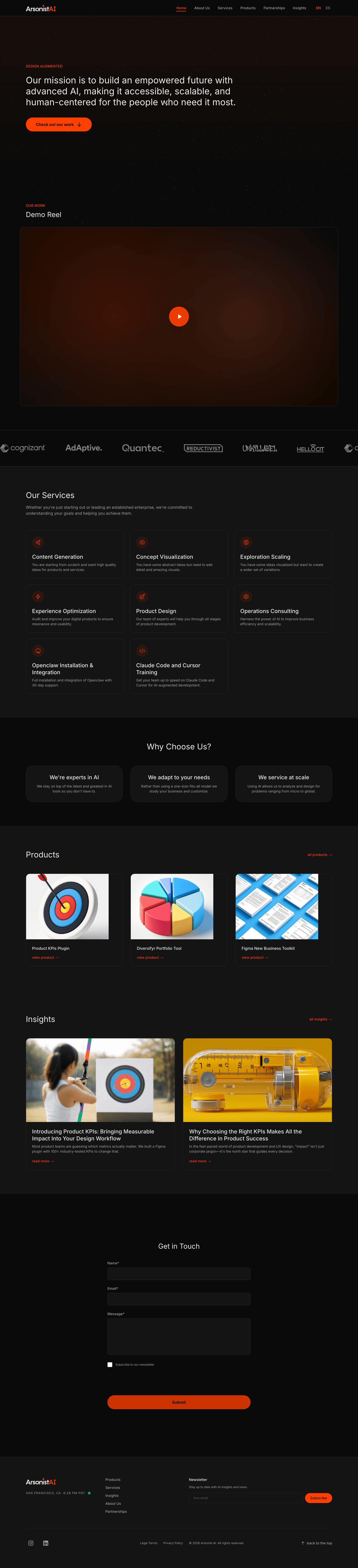 The ArsonistAI home page hero in dark mode, with the lava accented logo and a sticky blurred navigation bar.
