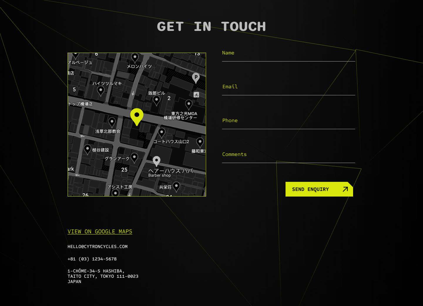 The Cytron contact section, with a dark map of Taito City pinned in lime beside a four field enquiry form and a lime send button.