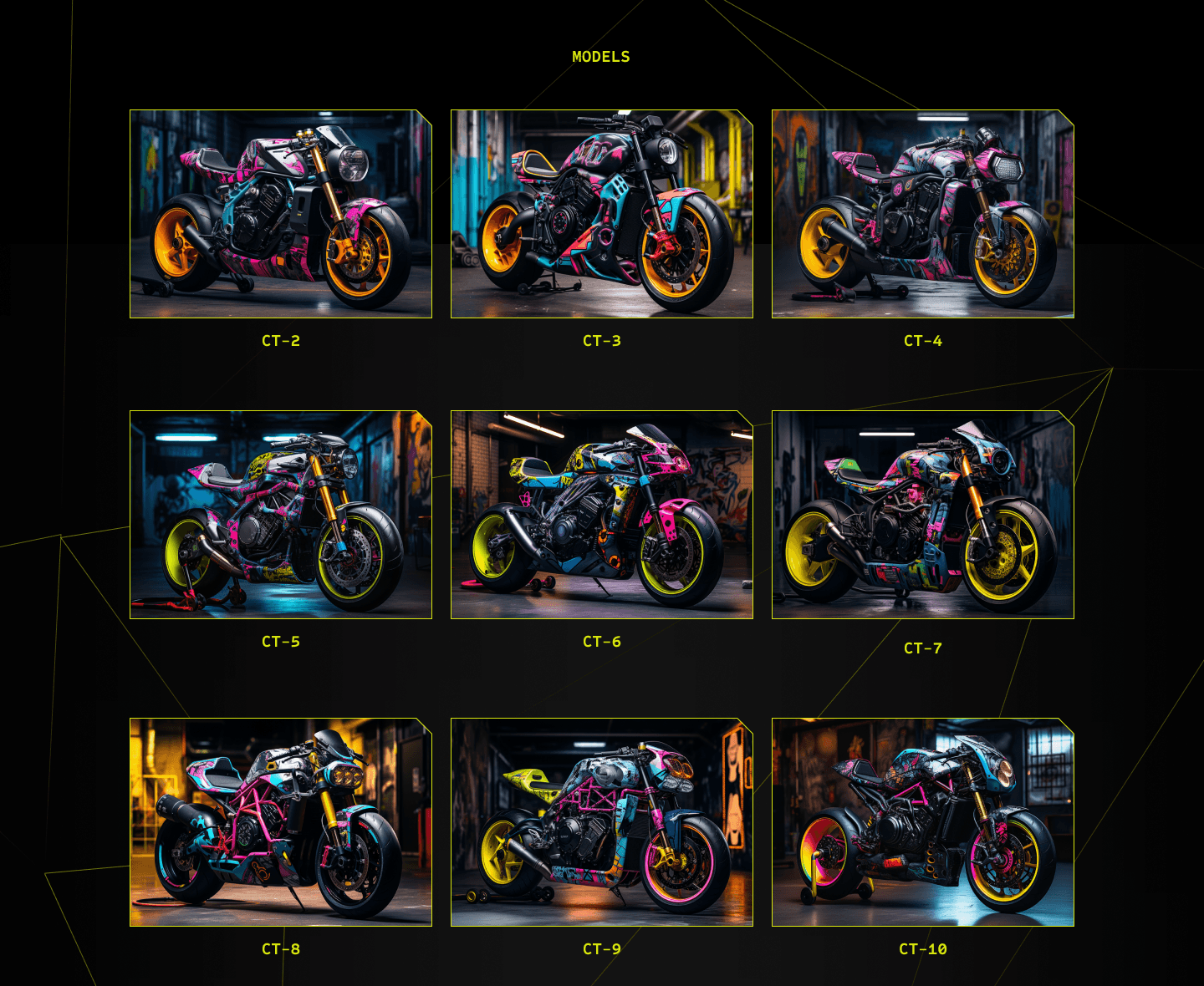 The Cytron models grid, nine motorcycles in three rows of three, each labelled CT-2 through CT-10 in lime monospace.