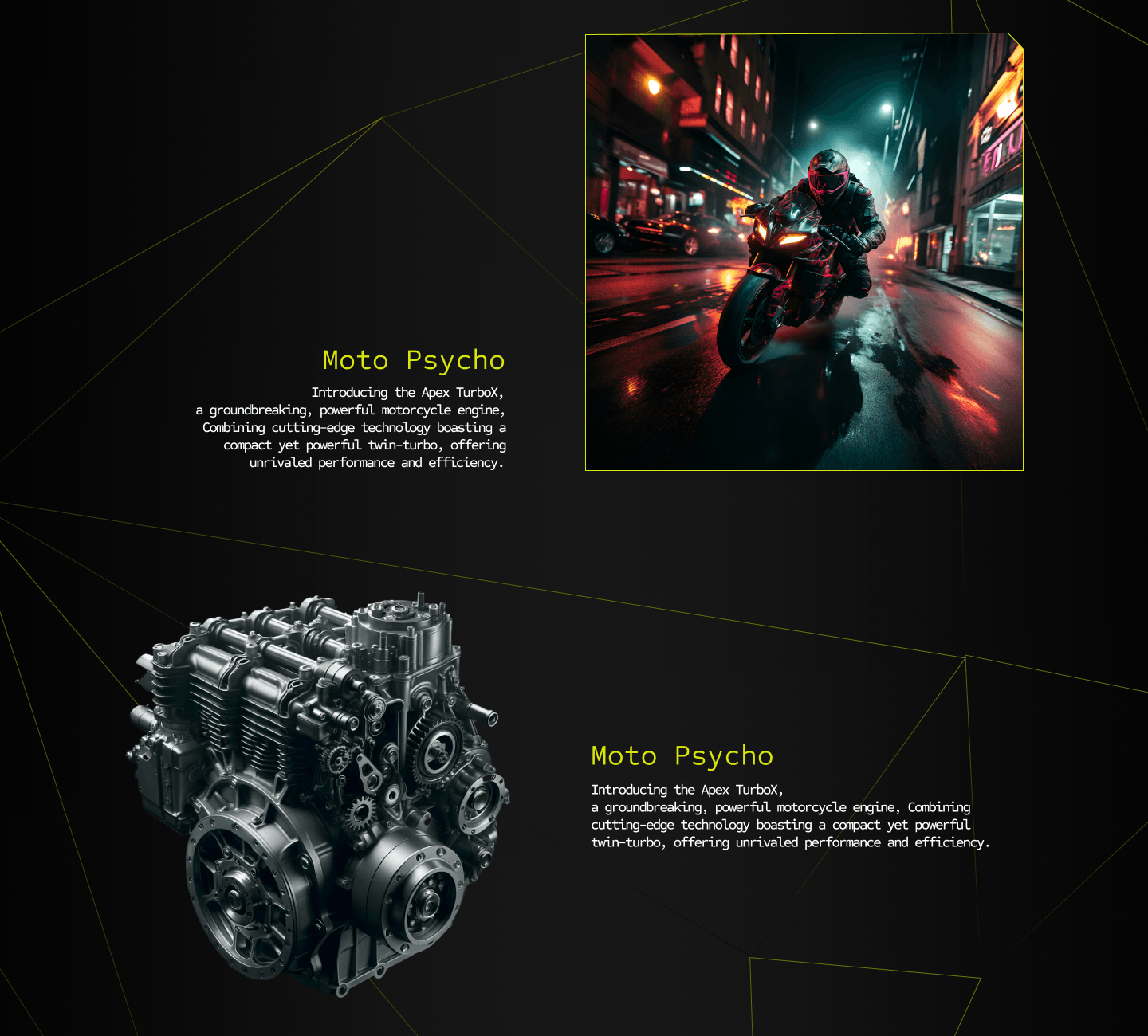 Two alternating story blocks on the Cytron page, a night rider photograph beside body copy and an engine cutout beside more copy, with thin lime wireframe lines crossing the black background.