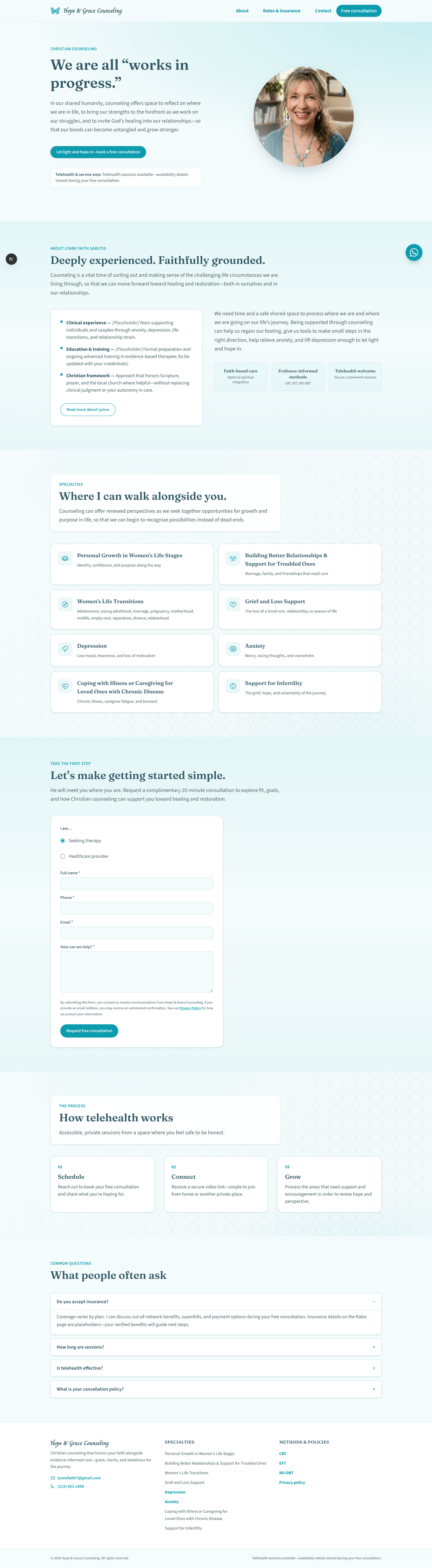 The three step booking process, schedule, connect, grow, above a free consultation call to action.