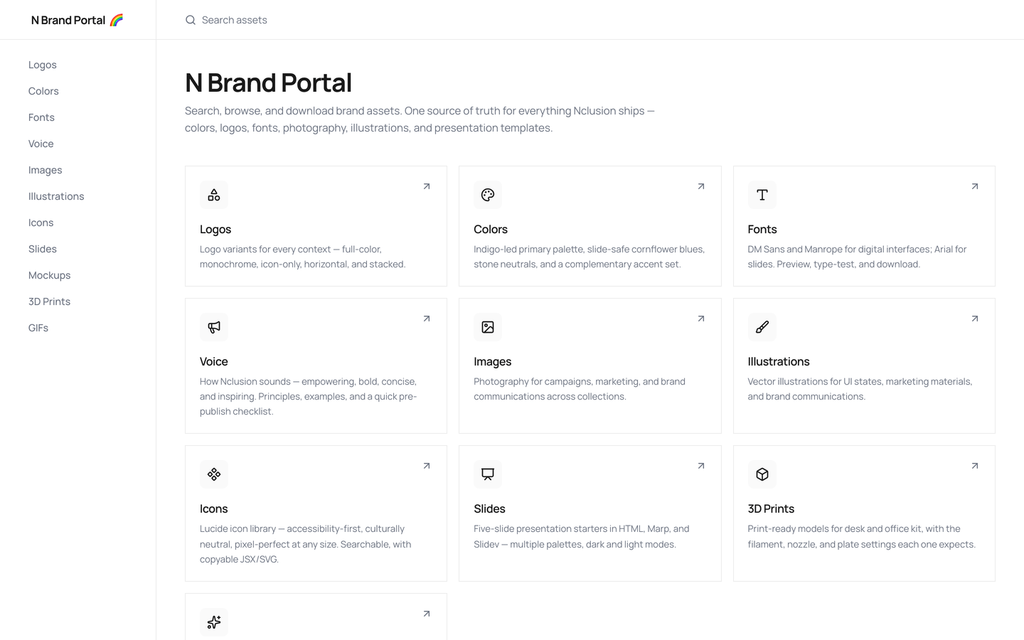 The asset library grid, showing logo variants beside a row of brand color swatches with their hex values.