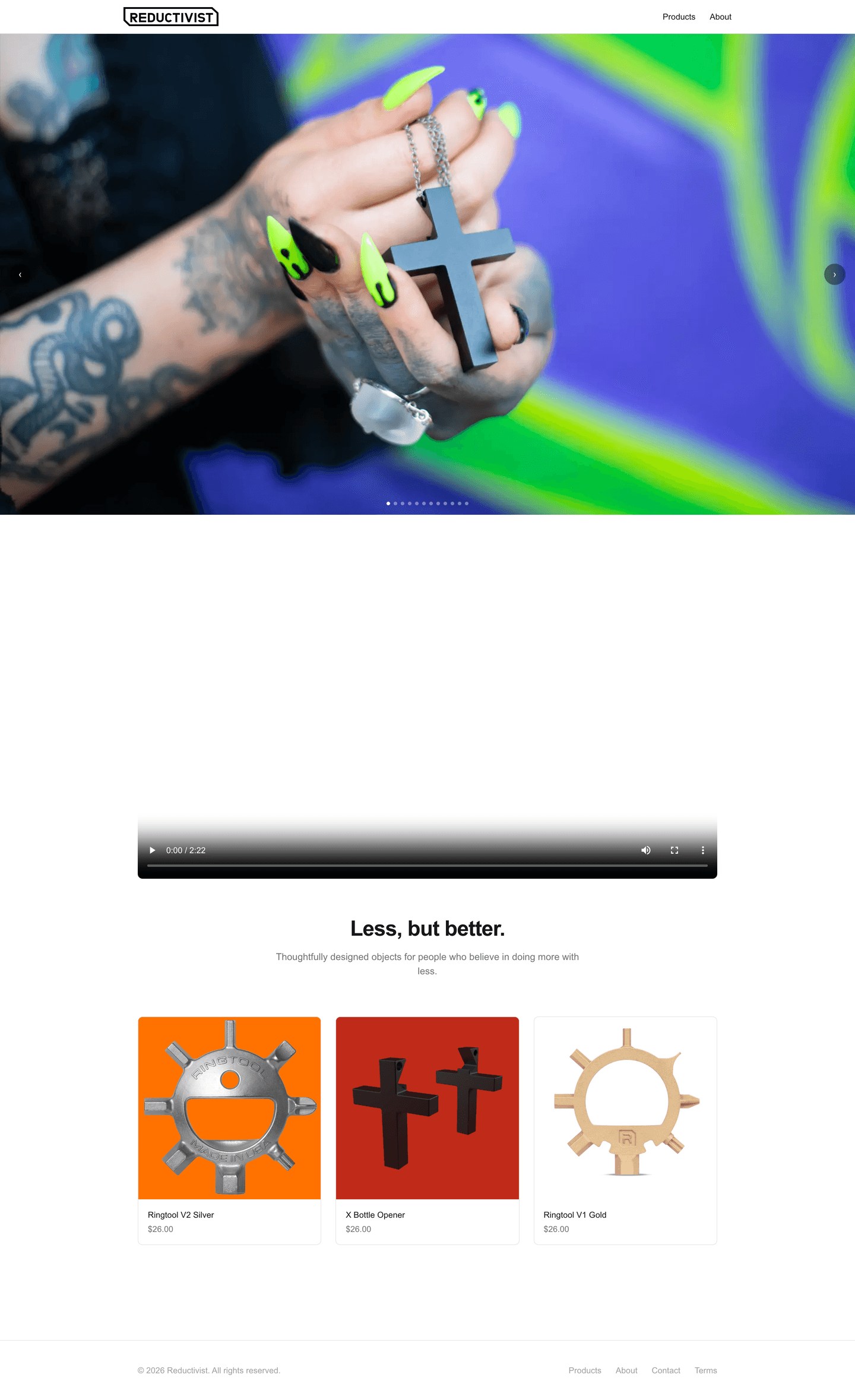 The flat product grid showing all three Reductivist objects with no category navigation above it.