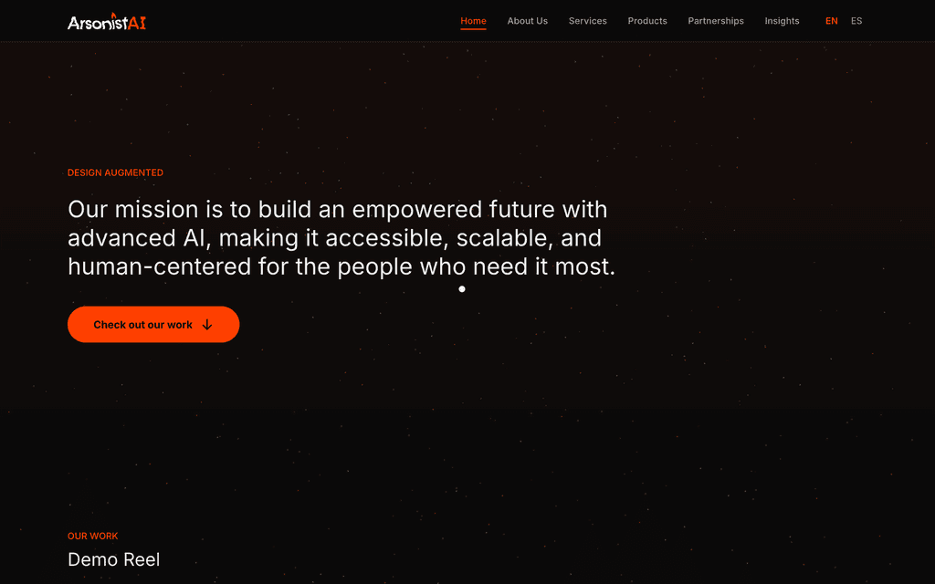 The ArsonistAI home page in dark mode, showing the lava accented services grid above a row of client logos.