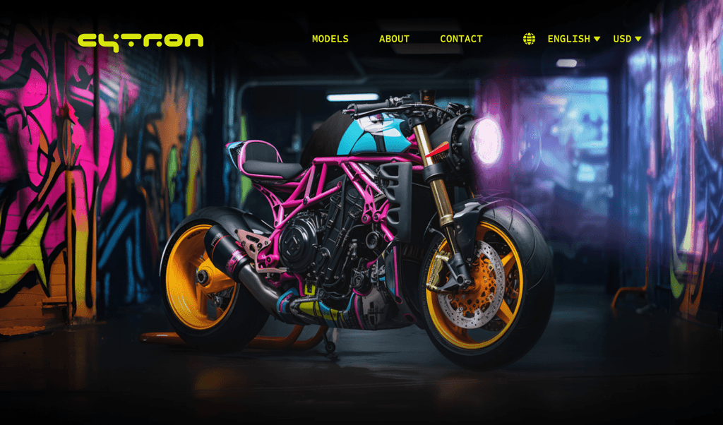The Cytron home page hero, showing the CT-1 motorcycle lit magenta and orange in a graffitied garage beneath a lime wordmark and a three item nav.