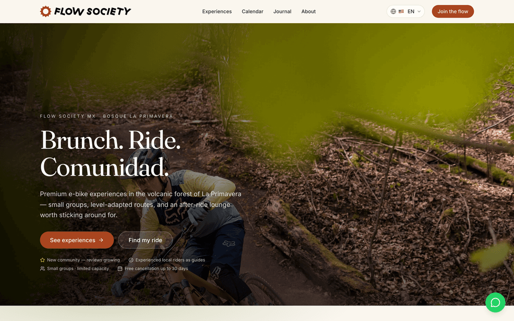 The Flow Society MX booking page, showing a departure calendar beside a trail photograph.