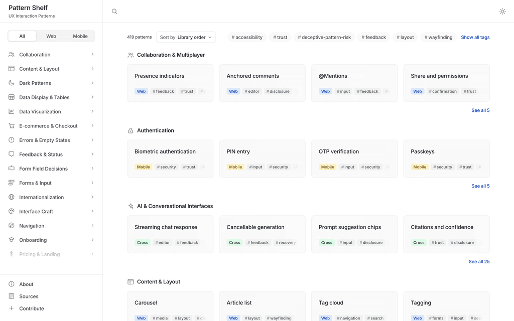 The pattern library browser, showing a search field above a filtered grid of pattern cards.