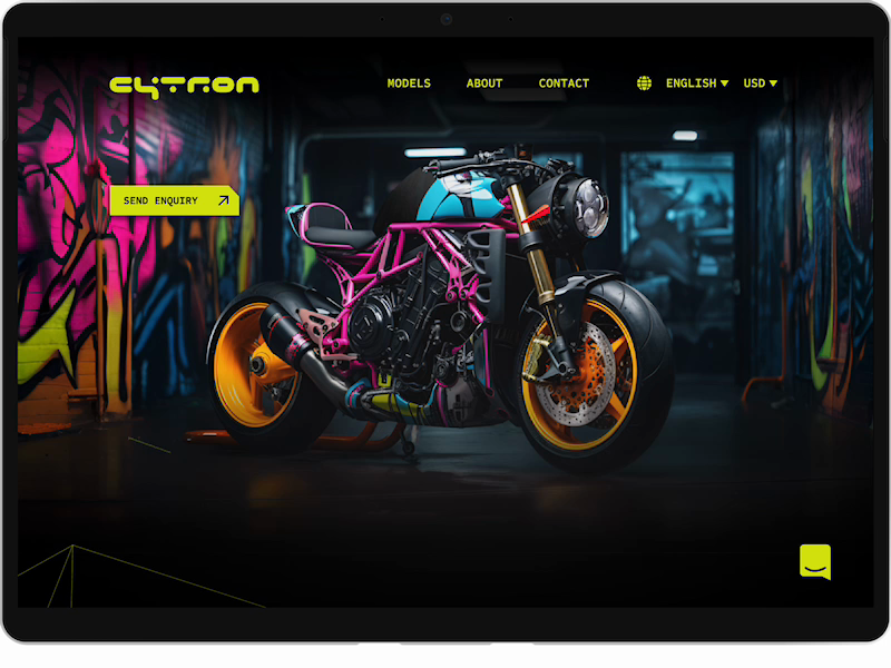 The Cytron hero cycling through its hover states: the nav items, the language menu opening, the enquiry arrow turning from diagonal to horizontal, and the chat bubble opening into a Let us talk label.