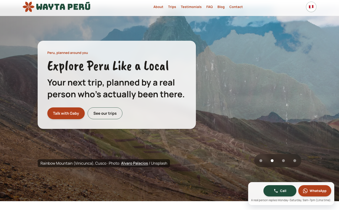 A scroll through the Wayta Perú home page from the hero down to the contact section.
